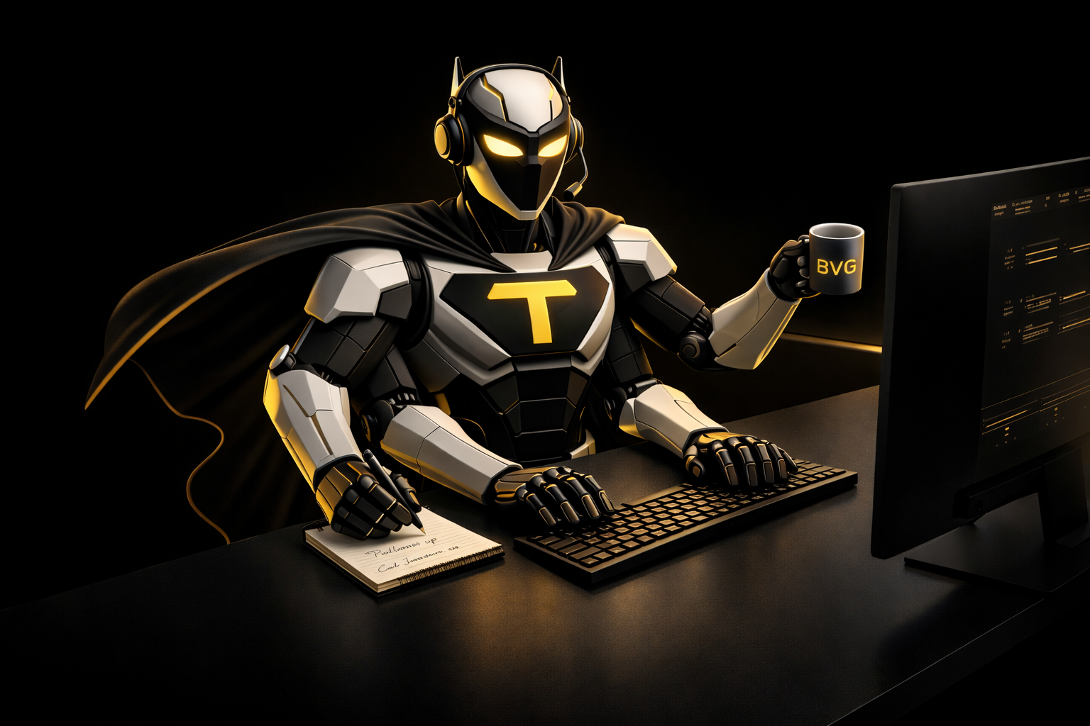 Theo at the desk — running follow-up while you're in the field