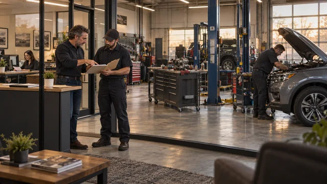 A standing manager and technician review paperwork together; the coordinator works at her desk and another mechanic continues repairing the SUV.