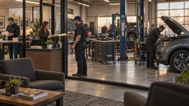 A coordinator hands a work order to a technician while a separate mechanic continues repairing an SUV; a standing manager reviews papers nearby.
