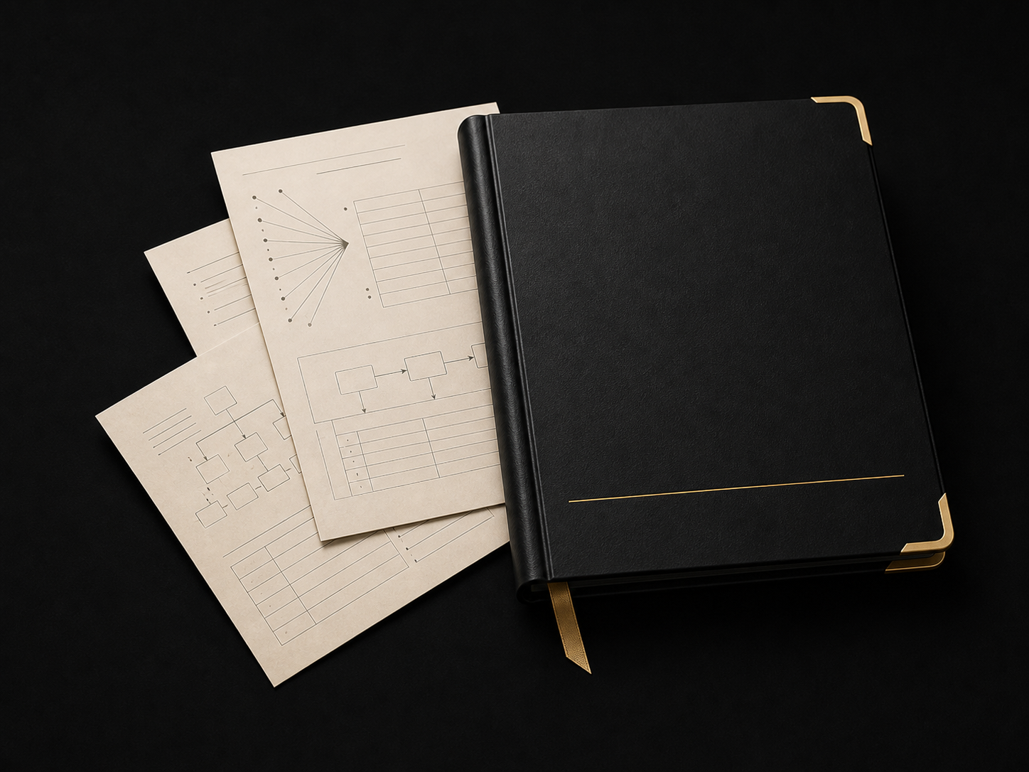 Premium black assessment folio with bone paper workflow maps and gold material details